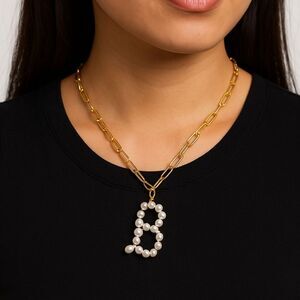 White Pearl Initial “B” Pendant Necklace on Paperclip Chain